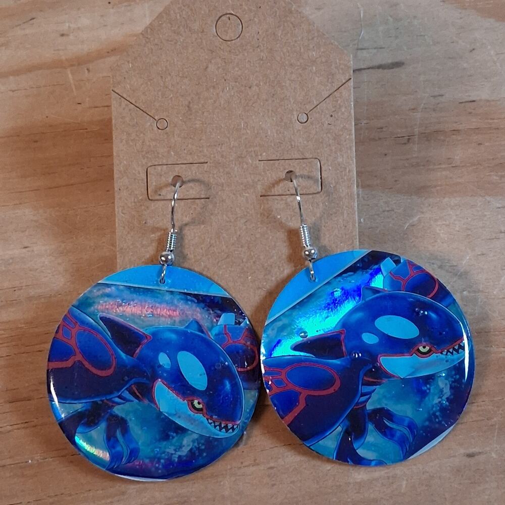 Handmade Kyogre Earrings Round Resin Card Jewelry Hook Back Blue Ocean